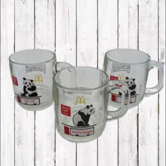 McDonald's Panda Bear Mug Set of 3 Toledo Zoo 1988 Nan Nan Le Le Clear Cups - Picture 2 of 10